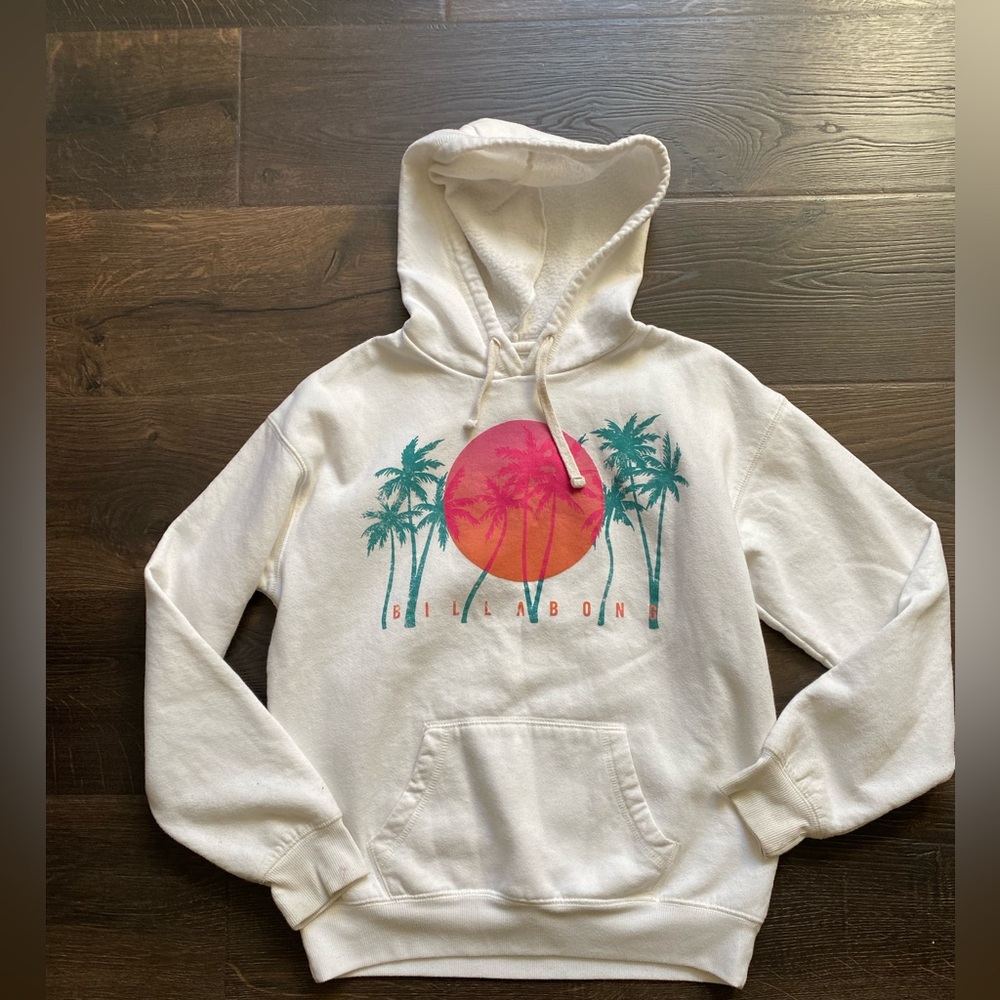 Billabong white Hoodie with Pink & Teal Sunset Palm Graphic size S